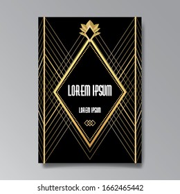 Art Deco page template, retro style for web and print, geometric retro pattern design with golden lines. Modern design for menu or flyer, luxury gentle twenties style