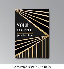 Art Deco page template, retro  style for web and print, city and the lights pattern with golden lines. Modern design for menu or flyer, luxury gentle 