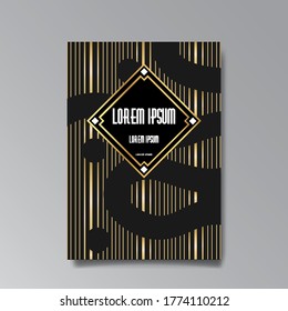 Art Deco page template, retro  style for web and print, city and the lights pattern with golden lines. Modern design for menu or flyer, luxury gentle 