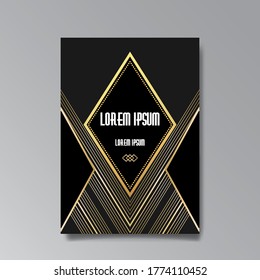 Art Deco page template, retro  style for web and print, city and the lights pattern with golden lines. Modern design for menu or flyer, luxury gentle 