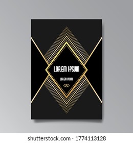 Art Deco page template, retro  style for web and print, city and the lights pattern with golden lines. Modern design for menu or flyer, luxury gentle 