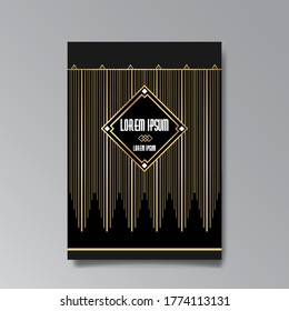 Art Deco page template, retro  style for web and print, city and the lights pattern with golden lines. Modern design for menu or flyer, luxury gentle 