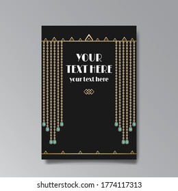Art-Deco-Seitenvorlage, Retro-juwel elegante Ketten und für Web und Druck, Retro-Muster mit goldenen Linien fabelhaft. Modernes Design für Menü oder Flyer, luxuriöses Design im Stil der zwanziger Jahre