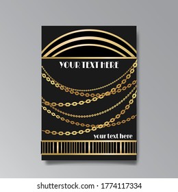 Art Deco page template, retro jewerly elegant chains and for web and print, retro  pattern with golden lines fabulous. Modern design for menu or flyer, luxury gentle twenties style design flayer