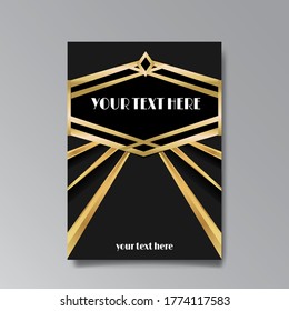 Plantilla de página Art Deco, estilo retro para web e impresión, ciudad y patrón de luces con líneas doradas. Diseño moderno para menú o folleto, elegante y lujoso 