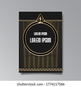 Art Deco page template, retro  style for web and print, city and the lights pattern with golden lines. Modern design for menu or flyer, luxury gentle 