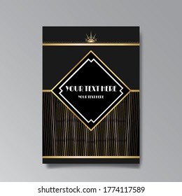 Plantilla de página Art Deco, estilo retro para web e impresión, ciudad y patrón de luces con líneas doradas. Diseño moderno para menú o folleto, elegante y lujoso 