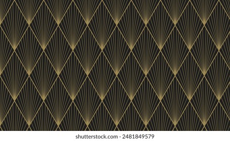 Art Deco pattern background. A striking Art Deco-inspired geometric triangle pattern featuring gold lines on a dark background.