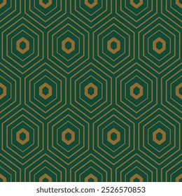 Fondo de patrón art déco. Patrón geométrico inconsútil de la célula del triángulo de Antiguas ArtDeco que presenta líneas del oro en un fondo verde esmeralda.