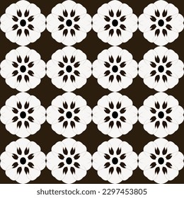 An art deco pattern with chrysanthemum and damask motifs in brown on dark seamless fabric background that is ideal for vintage-style greeting cards.