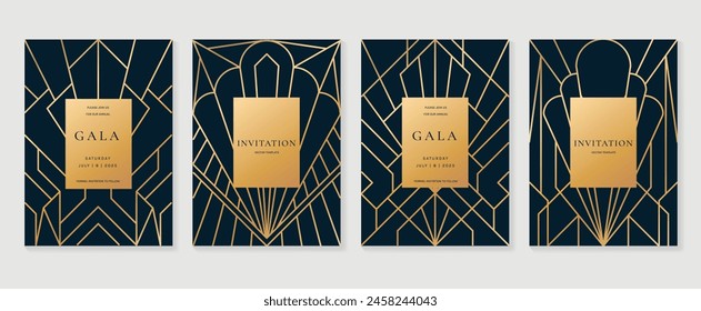 Art deco pattern cover design vector. Set invitation card of abstract geometric line art shape design on dark blue background. Use for wedding invitation, cover, VIP card, print, gala, wallpaper.