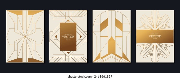 Art deco pattern cover design vector. Set invitation card of abstract geometric line art shape design on light background. Use for wedding invitation, cover, VIP card, print, gala, wallpaper.