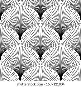 Art Deco Pattern. Fanning seamless black and white background. Metallic shells or scales lace ornament. Abstract palm leaves. Vector lines. 1920-30s motifs. Luxury vintage illustration