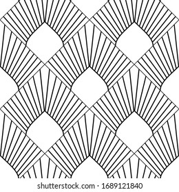 Art Deco Pattern. Fanning seamless black and white background. Metallic shells or scales lace ornament. Abstract palm leaves. Vector lines. 1920-30s motifs. Luxury vintage illustration