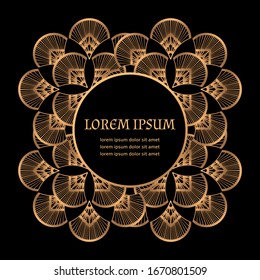 Art deco pattern frame vector. Luxury gold black 1920s motif. Oriental mandala royal label. Beautiful design for beauty spa flyer, wedding invitation, save the date card, birthday, anniversary.