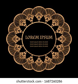 Art deco pattern frame vector. Luxury gold black 1920s motif. Oriental mandala royal label. Indian design for beauty spa flyer, wedding invitation, save the date card, birthday, anniversary, holiday.