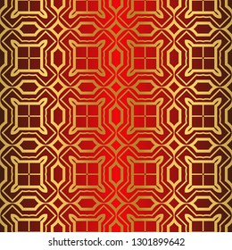 Art Deco Pattern Of Geometric Elements. Seamless Pattern. Vector Illustration. Design For Printing, Presentation, Textile Industry. Chinese red gold color.