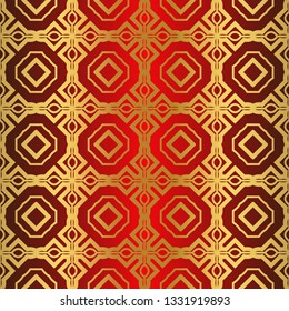 Art Deco Pattern Of Geometric Elements. Seamless Pattern. Vector Illustration. Design For Printing, Presentation, Textile Industry. Chinese red gold color.