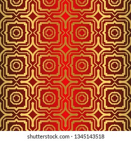 Art Deco Pattern Of Geometric Elements. Seamless Pattern. Vector Illustration. Design For Printing, Presentation, Textile Industry. Chinese red gold color.