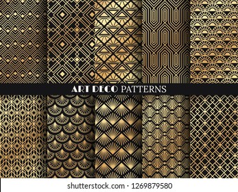 Art Deco Pattern. Golden Minimalism Lines, Vintage Geometric Arts And Deco Line Ornate. Geometrics Gold Minimal Ornaments Seamless Gatsby Elegant Abstract Luxury Patterns Vector Set