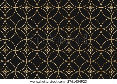 Art deco pattern with repeated gold circle and twinkle shapes on black background. Shiny luxury geometric print. Elegant minimalistic wallpaper. Golden abstract ornament. Vector illustration.