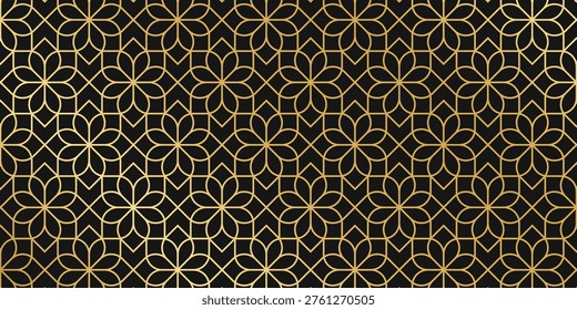 Art deco pattern with repeated golden flower shapes on dark background. Luxury floral grid. Elegant minimalistic wallpaper. Golden Arabian mosaic print. Abstract ornament. Vector illustration.