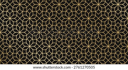 Art deco pattern with repeated golden flower shapes on dark background. Luxury floral grid. Elegant minimalistic wallpaper. Golden Arabian mosaic print. Abstract ornament. Vector illustration.