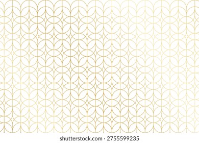 Art deco pattern with repeated overlapped gold oval shapes on white background. Luxury geometric print. Elegant minimalistic wallpaper. Golden shiny abstract ornament. Vector illustration.