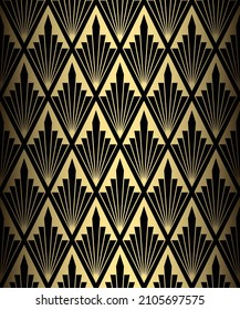 Art Deco Pattern. Roaring 20s motif. Seamless fan gold and black background. Scales or shells ornament. Peacock tail geometric design. Elegant vector lines wallpaper. Luxury vintage illustration