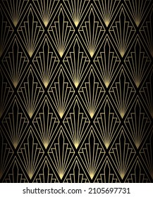 Art Deco Pattern. Roaring 20s motif. Seamless fan gold and black background. Scales or shells ornament. Peacock tail geometric design. Elegant vector lines wallpaper. Luxury vintage illustration