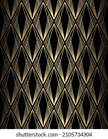 Art Deco Pattern. Roaring 20s motif. Seamless fan gold and black background. Scales or shells ornament. Peacock tail geometric design. Elegant vector lines wallpaper. Luxury vintage illustration