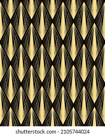 Patrón Art Decó. El motivo de los años 20. Dorado y fondo negro del ventilador sin incandescencias. Las escalas o cáscaras adornan. Diseño geométrico de cola de pavo real. Elegante fondo de pantalla vectorial. Ilustración vintage de lujo