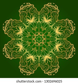 Art Deco Pattern Of Round Floral Mandala. Vector Illustration. Design For Printing, Presentation, Textile Industry. Green, gold color.