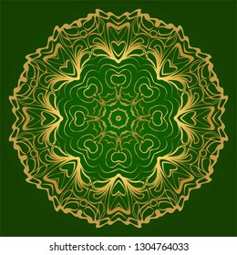 Art Deco Pattern Of Round Floral Mandala. Vector Illustration. Design For Printing, Presentation, Textile Industry. Green, gold color.