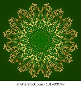 Art Deco Pattern Of Round Floral Mandala. Vector Illustration. Design For Printing, Presentation, Textile Industry. Green, gold color.