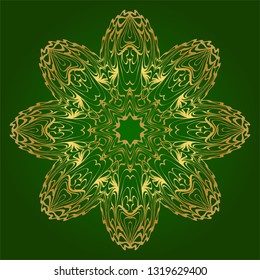 Art Deco Pattern Of Round Floral Mandala. Vector Illustration. Design For Printing, Presentation, Textile Industry. Green, gold color.