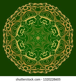 Art Deco Pattern Of Round Floral Mandala. Vector Illustration. Design For Printing, Presentation, Textile Industry. Green, gold color.