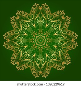 Art Deco Pattern Of Round Floral Mandala. Vector Illustration. Design For Printing, Presentation, Textile Industry. Green, gold color.
