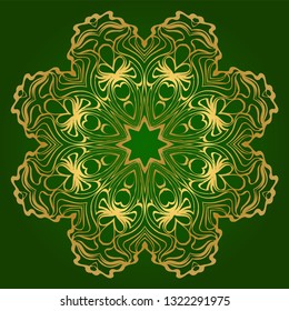 Art Deco Pattern Of Round Floral Mandala. Vector Illustration. Design For Printing, Presentation, Textile Industry. Green, gold color.