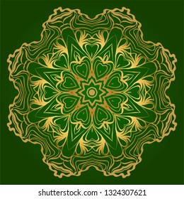 Art Deco Pattern Of Round Floral Mandala. Vector Illustration. Design For Printing, Presentation, Textile Industry. Green, gold color.