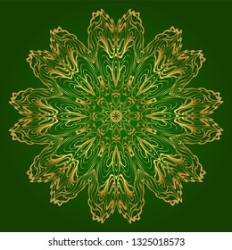 Art Deco Pattern Of Round Floral Mandala. Vector Illustration. Design For Printing, Presentation, Textile Industry. Green, gold color.