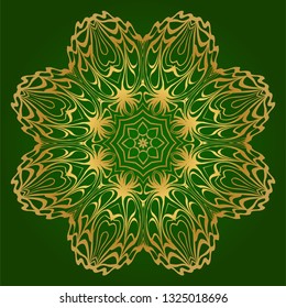 Art Deco Pattern Of Round Floral Mandala. Vector Illustration. Design For Printing, Presentation, Textile Industry. Green, gold color.