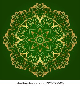 Art Deco Pattern Of Round Floral Mandala. Vector Illustration. Design For Printing, Presentation, Textile Industry. Green, gold color.