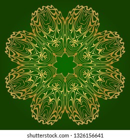 Art Deco Pattern Of Round Floral Mandala. Vector Illustration. Design For Printing, Presentation, Textile Industry. Green, gold color.