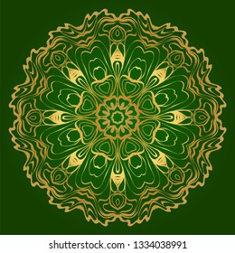 Art Deco Pattern Of Round Floral Mandala. Vector Illustration. Design For Printing, Presentation, Textile Industry. Green, gold color.