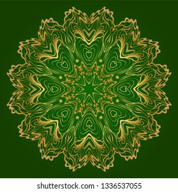 Art Deco Pattern Of Round Floral Mandala. Vector Illustration. Design For Printing, Presentation, Textile Industry. Green, gold color.