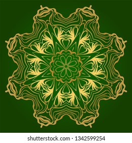 Art Deco Pattern Of Round Floral Mandala. Vector Illustration. Design For Printing, Presentation, Textile Industry. Green, gold color.