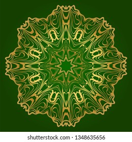 Art Deco Pattern Of Round Floral Mandala. Vector Illustration. Design For Printing, Presentation, Textile Industry. Green, gold color.