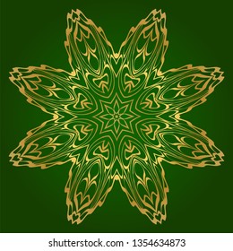 Art Deco Pattern Of Round Floral Mandala. Vector Illustration. Design For Printing, Presentation, Textile Industry. Green, gold color.