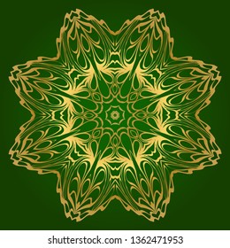 Art Deco Pattern Of Round Floral Mandala. Vector Illustration. Design For Printing, Presentation, Textile Industry. Green, gold color.